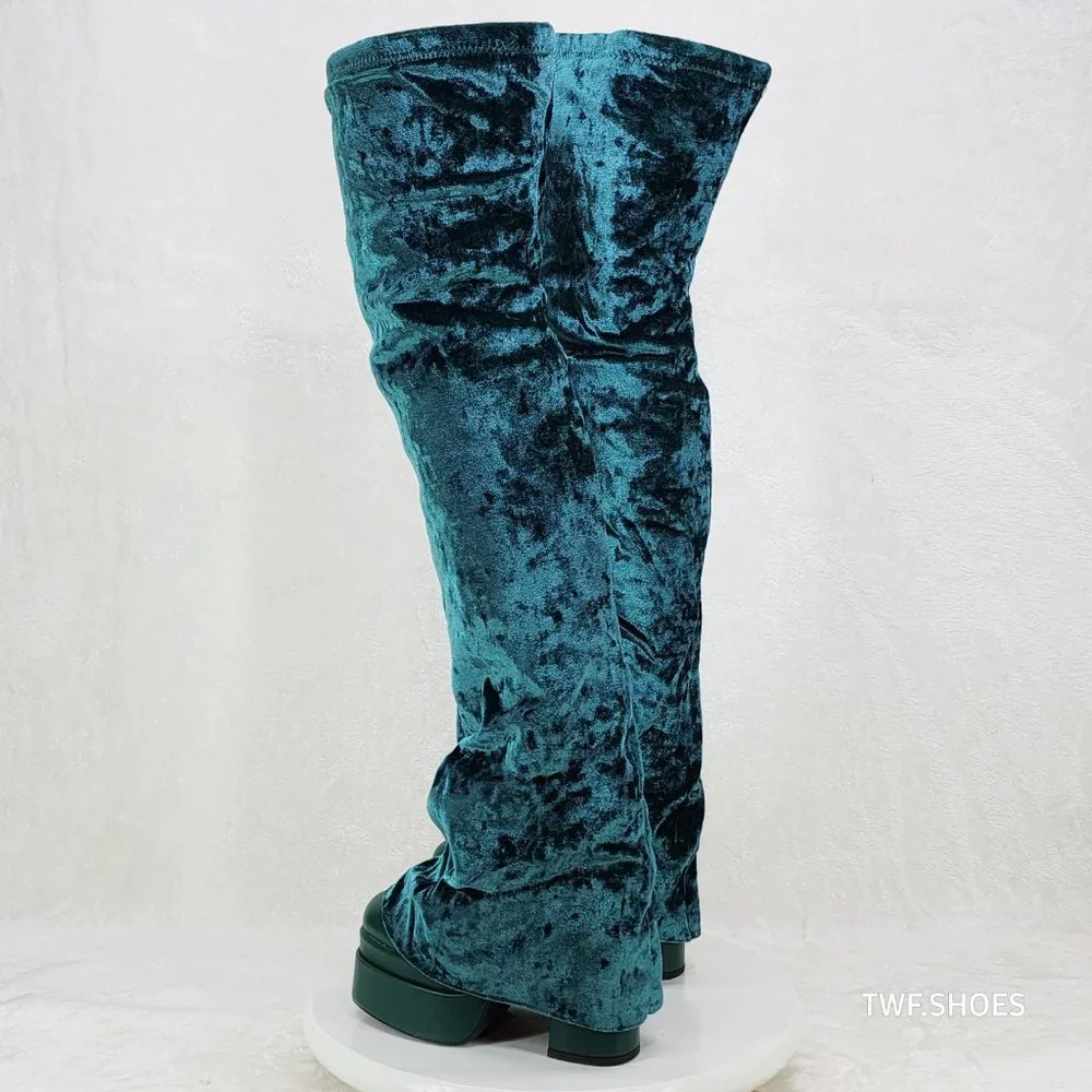 Good Will Unique Thigh High Emerald Velvet Fold over Chunky Heel Platform Boots - Picture 12 of 15